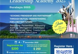Official poster of the Regional Leader Forum (RLF), National Leader Forum (NLF), and International Youth Leadership Academy (IYLA) 2025 in Surabaya, Indonesia. Featuring a global call for young leaders to collaborate and address the challenges of Artificial Intelligence.