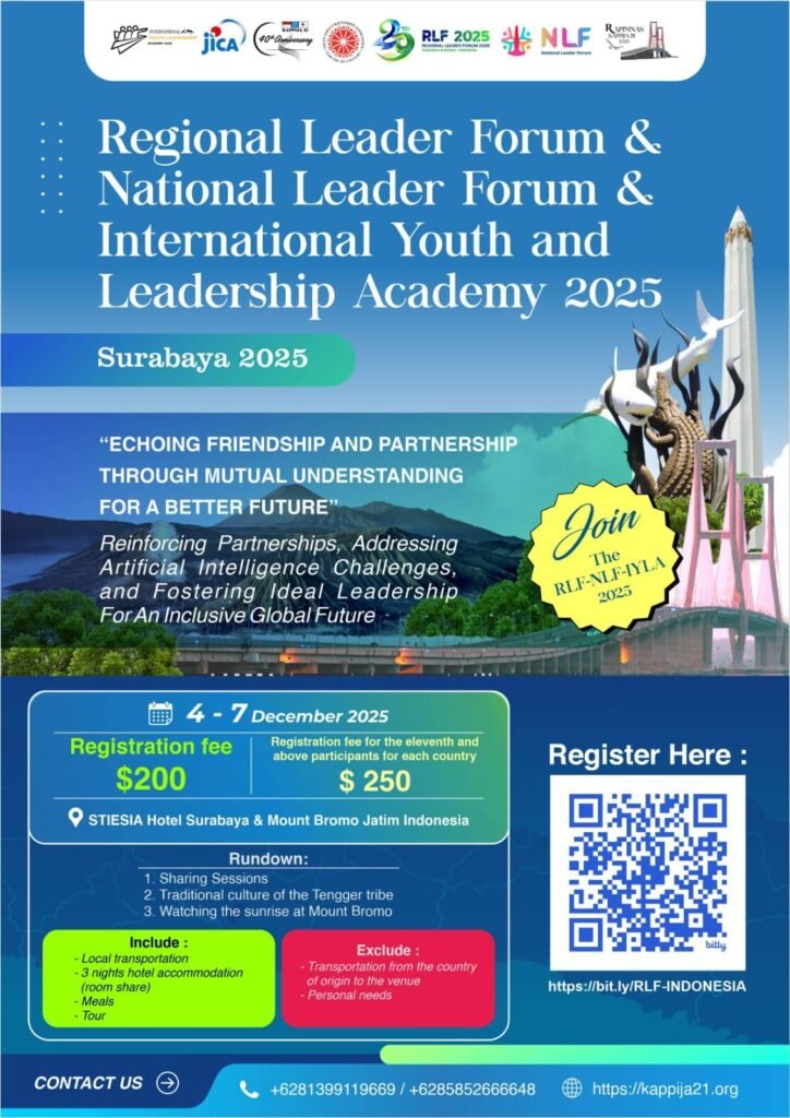 Official poster of the Regional Leader Forum (RLF), National Leader Forum (NLF), and International Youth Leadership Academy (IYLA) 2025 in Surabaya, Indonesia. Featuring a global call for young leaders to collaborate and address the challenges of Artificial Intelligence.