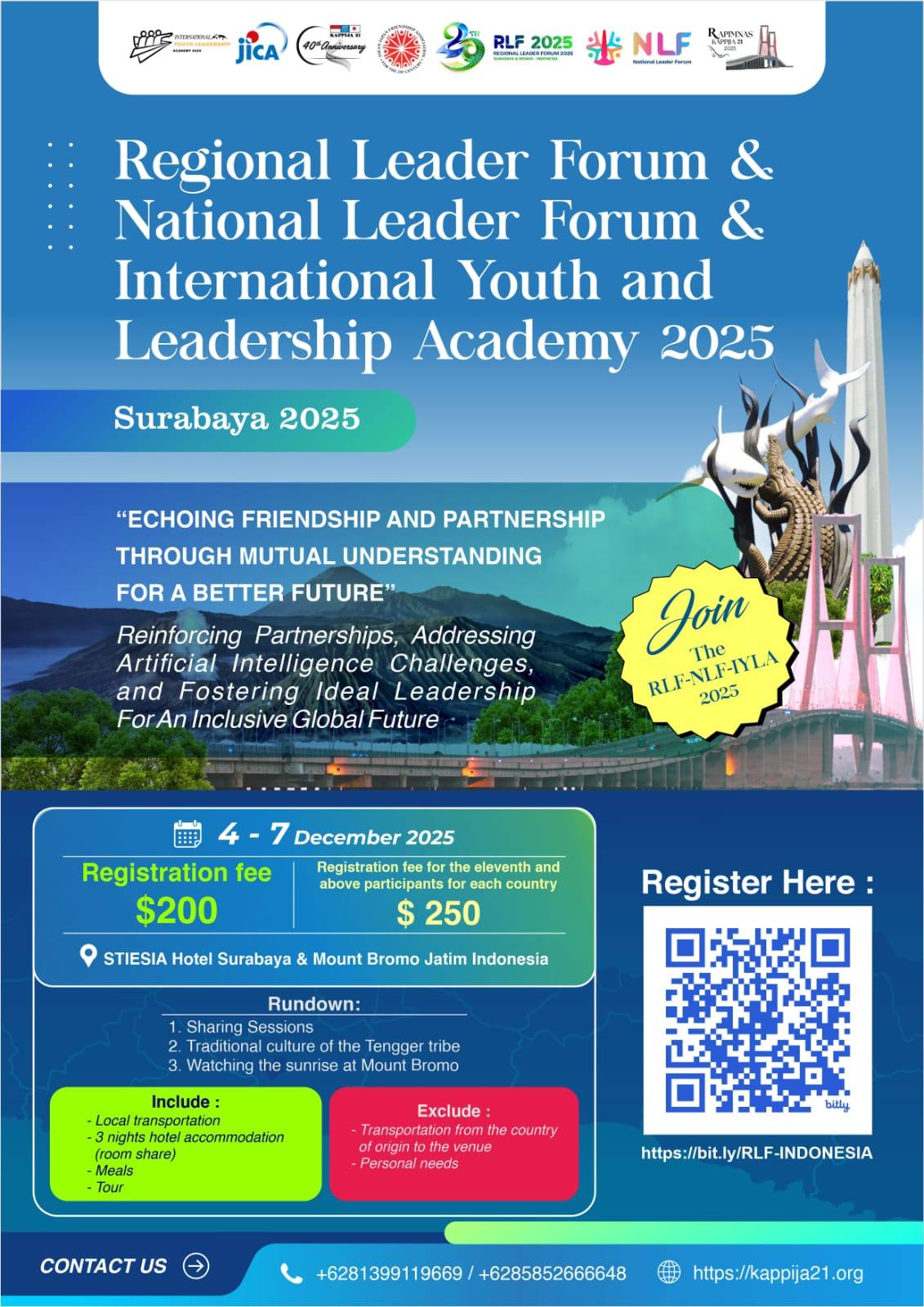 Official poster of the Regional Leader Forum (RLF), National Leader Forum (NLF), and International Youth Leadership Academy (IYLA) 2025 in Surabaya, Indonesia. Featuring a global call for young leaders to collaborate and address the challenges of Artificial Intelligence.