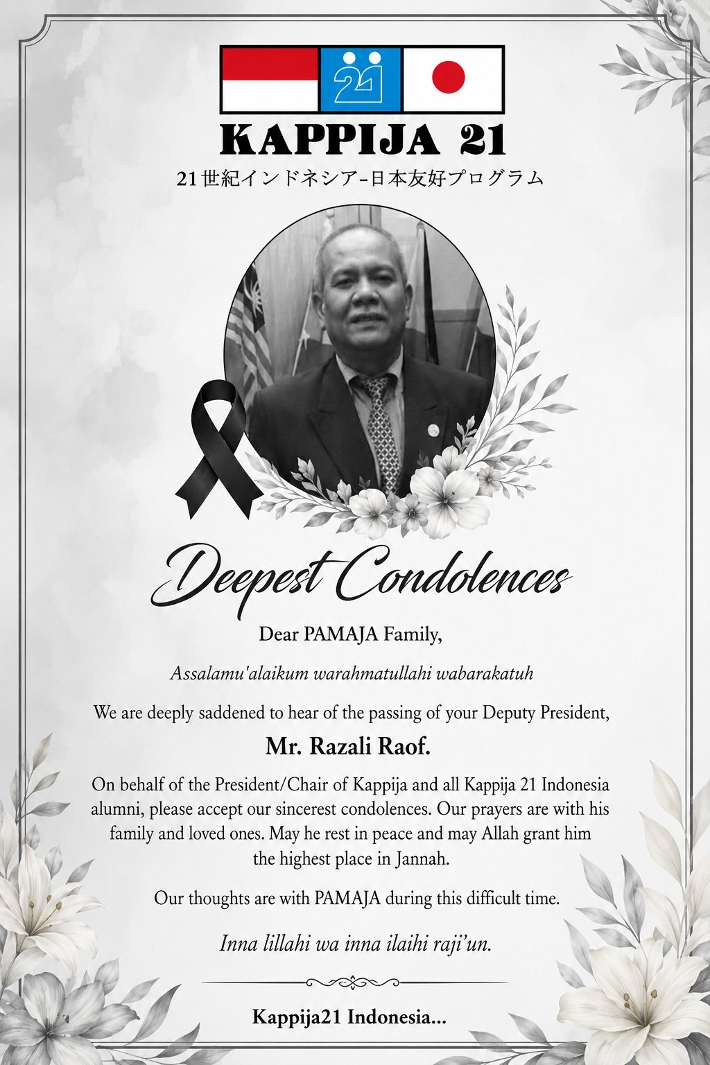 KAPPIJA21 Berduka, Wakil Presiden PAMAJA Malaysia Bapak Razali Raof Wafat Mengenang Bapak Razali Raof