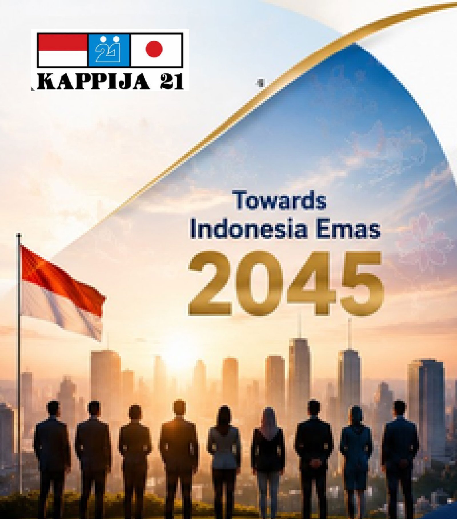Para pemimpin memandang skyline kota saat matahari terbit dengan bendera Merah Putih